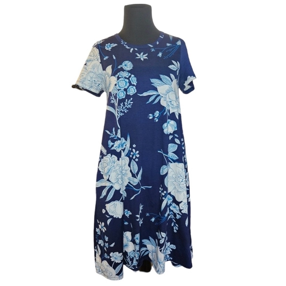 LuLaRoe Carly Dress XXS Navy Blue‎ White Floral Short Sleeve Pocket Swing Dress